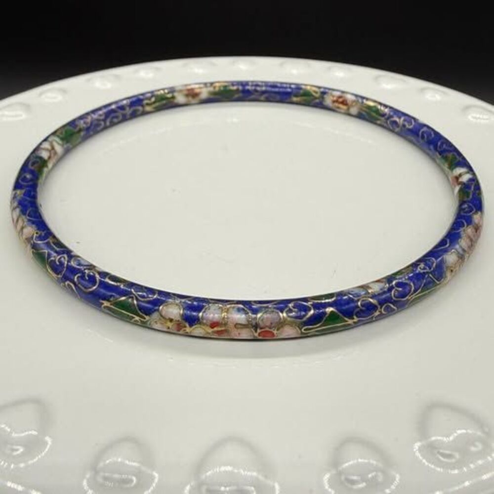 Vintage Blue Cloisonné Enamel Floral Children’s Bangle Bracelet 2 1/2” Diameter